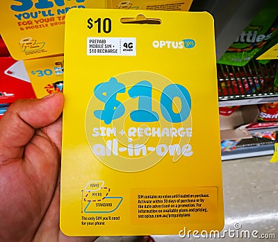 Optus sim card 10 dollar prepaid starter pack works in all phones, tablets and modems. Editorial Stock Photo